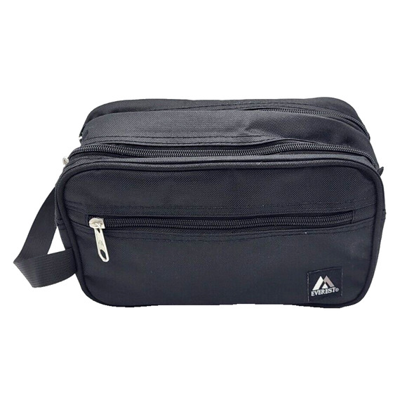 Everest Black Dual Compartment Toiletry Travel Bag Carry Handle Zipped 9.5x6x5" - Picture 1 of 6